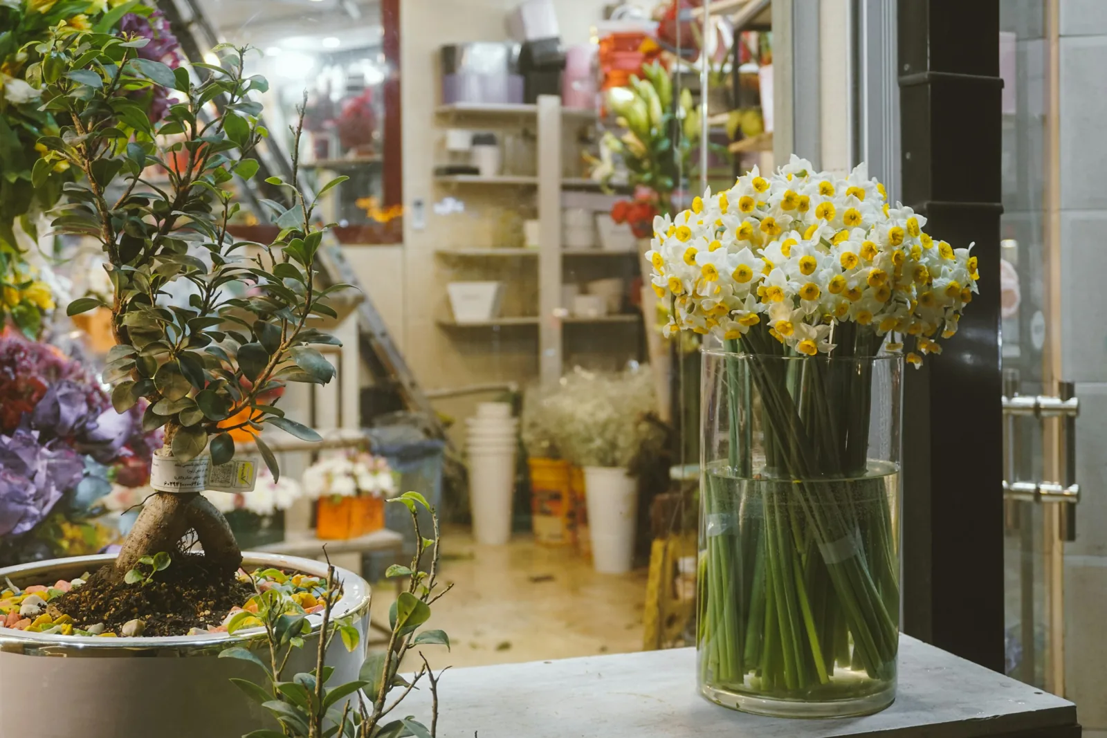 小花店門口玻璃瓶裡的水仙花，後方是擺滿花材與盆栽的店內